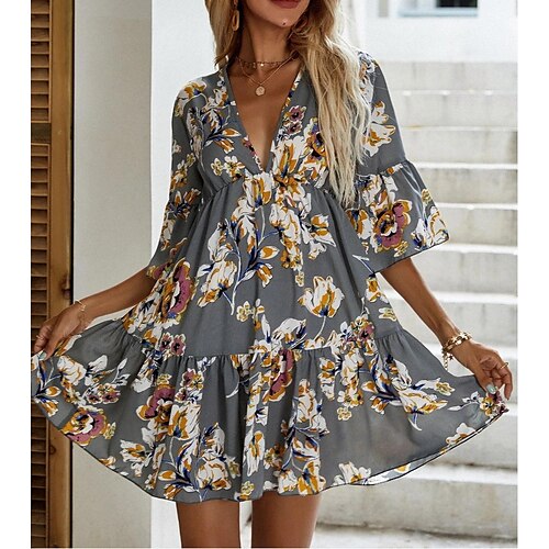 

Women's A Line Dress Short Mini Dress Gray Half Sleeve Floral Ruched Print Spring Summer V Neck Elegant Casual 2022 S M L XL XXL 3XL
