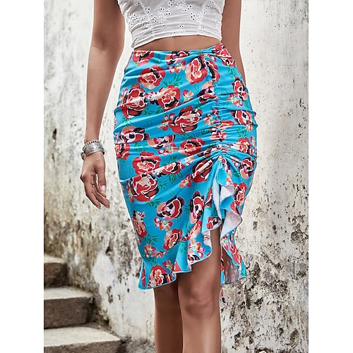 

Women's Skirt Bodycon Asymmetrical Polyester Blue Skirts Summer Ruched Ruffle Print Without Lining Fashion Holiday Vacation S M L