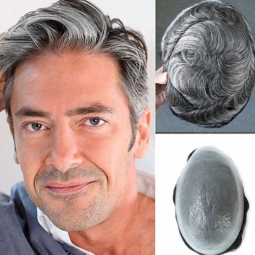 

Toupee for Men Hairpiece European Human Hair Swiss Hair Pieces PU Men's Hair Replacement System 1B Black Hair Mixed Grey Hair