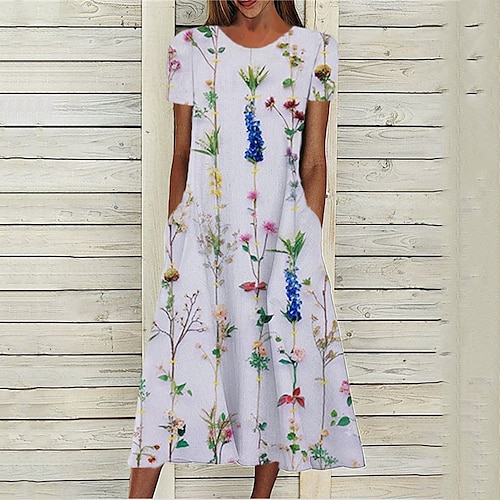 

Women's A Line Dress Midi Dress Gray Short Sleeve Floral Pocket Print Spring Summer Round Neck Stylish Casual Modern 2022 S M L XL XXL 3XL