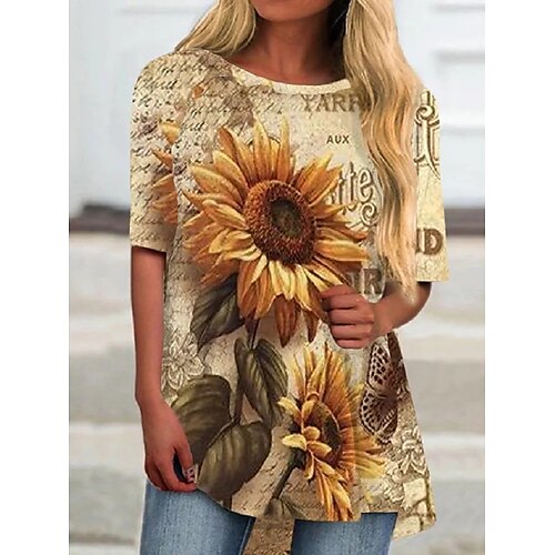 

Women's T shirt Tee Yellow Sunflower Print Short Sleeve Casual Daily Vintage Ethnic Sexy Round Neck Regular Floral Geometric S / Long Sleeve / 3D Print