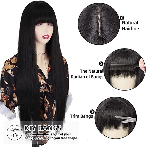 

Long Black Wigs with Bangs Straight Black Wigs for Women Synthetic 30 Inch Long Straight Black Bangs Wig for Daily Wear