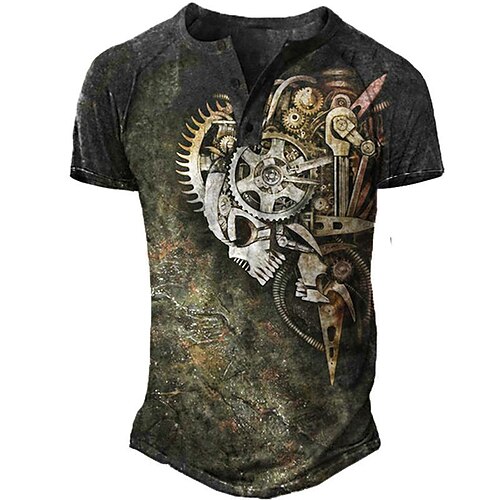 

Men's Henley Shirt Tee T shirt 3D Print Graphic Skull Machine Plus Size Henley Daily Sports Button-Down Print Short Sleeve Tops Basic Casual Classic Designer Green