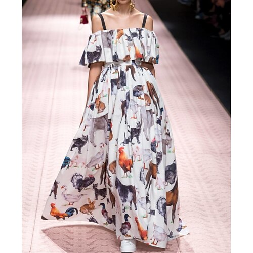 

Women's A Line Dress Maxi long Dress White Sleeveless Animal Backless Patchwork Print Summer Off Shoulder Stylish Vacation 2022 S M L XL