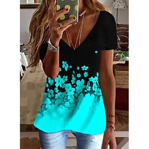 

Women's Floral Theme Abstract Painting T shirt Floral Graphic Print V Neck Basic Tops Blue White Black / 3D Print