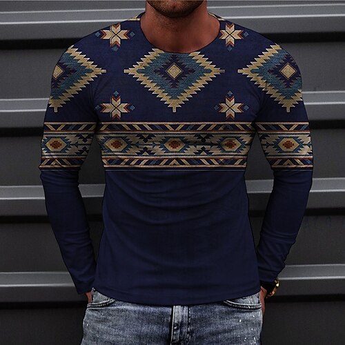 

Men's Unisex T shirt 3D Print Color Block Graphic Prints Argyle Crew Neck Daily Holiday Print Long Sleeve Tops Casual Designer Big and Tall Boho Sea Blue