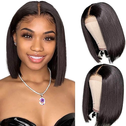

12A Bob Wigs Straight Short Bob Wig Lace Front Human Hair Wigs 4x1 T Part Lace Closure Brazilian Virgin Human Hair Straight Bob Wigs with Baby Hair Pre Plucked Natural Black Color 8-16 Inch