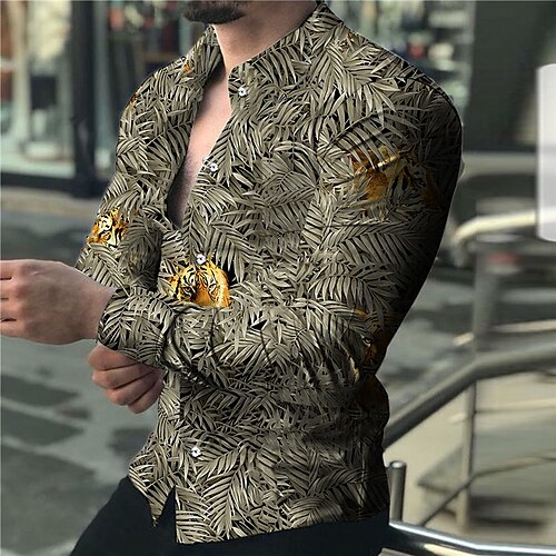 

Men's Shirt 3D Print Tiger Leaves Animal Turndown Street Casual Button-Down Print Long Sleeve Tops Casual Fashion Designer Breathable Gray