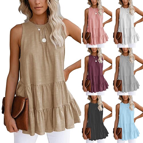 

sommer ensfarvet pullover plisseret t-shirt med rund hals og ærmeløs vest top dametøj