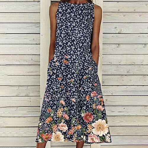 

Women's A Line Dress Knee Length Dress Dark Blue Sleeveless Floral Pocket Print Spring Summer Round Neck Casual 2022 S M L XL XXL