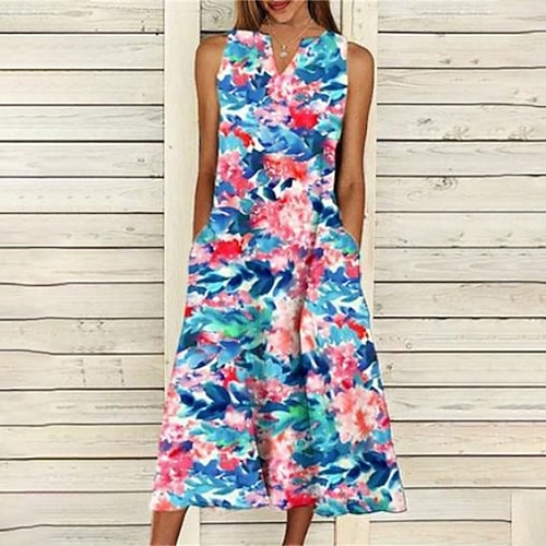 

Women's A Line Dress Midi Dress Blue Light Green Yellow Sleeveless Floral Abstract Pocket Print Spring Summer V Neck Stylish Elegant 2022 S M L XL XXL 3XL 4XL 5XL