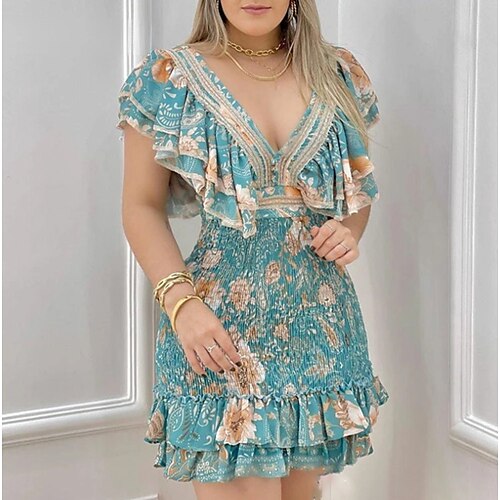 

Mulheres Tubinho Vestido da bainha Azul Claro Manga Curta Floral Franzido Primavera Verão Decote V quente Final de semana 2022 S M L XL