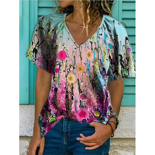 

Women's T shirt Tee Rainbow Graphic Plants Patchwork Print Short Sleeve Home Casual Vintage Boho Beach V Neck Regular Floral Geometric Painting S / 3D Print