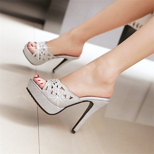 

Women's Mules Daily Summer Rhinestone Stiletto Heel Open Toe Minimalism PU Leather Loafer Solid Colored Silver Gold