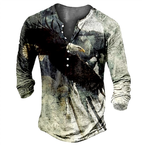 

Men's Henley Shirt Tee T shirt 3D Print Graphic Bird Plus Size Henley Daily Sports Button-Down Print Long Sleeve Tops Basic Vintage Classic Designer Green