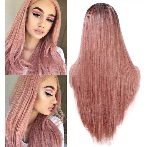 

Fashion Orange Pink Women's Wigs Silk Straight Ombre Pink Wig 22 Inch Dark Brown Roots Non-Lace Front Middle Part Synthetic Cosplay Halloween Wig