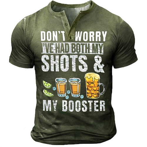 

Men's Henley Shirt Tee T shirt 3D Print Graphic Beer Letter Plus Size Henley Daily Sports Button-Down Print Short Sleeve Tops Basic Casual Classic Designer Green / Summer