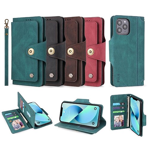 

Phone Case For Apple Wallet Card iPhone 13 Pro Max 12 Mini 11 X XR XS Max 8 7 with Wrist Strap Card Holder Slots Magnetic Flip Solid Colored PU Leather