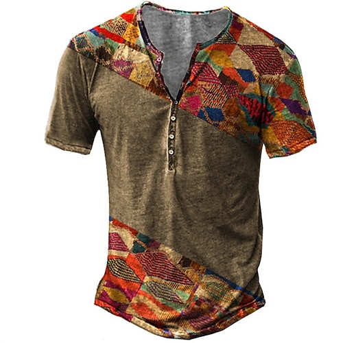 

Men's T shirt Tee Henley Shirt Tee Graphic Patchwork Henley Red 3D Print Plus Size Outdoor Daily Short Sleeve Button-Down Print Clothing Apparel Basic Designer Casual Big and Tall / Summer / Summer