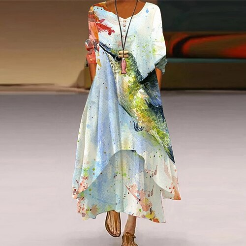 

Women's A Line Dress Maxi long Dress Green Blue Gray Light gray Long Sleeve Floral Butterfly Animal Pocket Button Print Spring Summer Round Neck Elegant Casual Vacation Loose 2022 S M L XL XXL 3XL