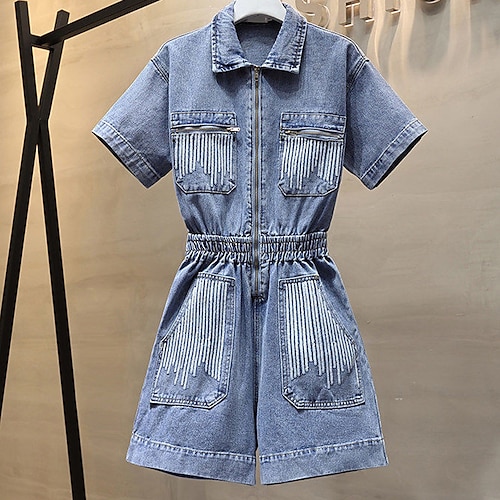 

Women's Romper Zipper Sequin Solid Color Shirt Collar Casual Street Daily Regular Fit Short Sleeve Blue S M L Spring