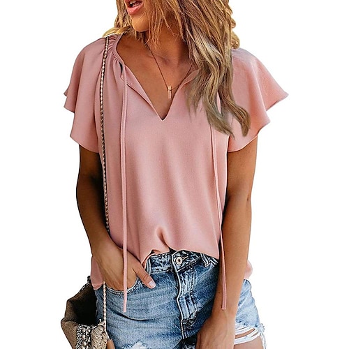 

european and american cross-border women's clothing 2022 summer amazon solid color casual v-neck chiffon shirt loose simple short-sleeved top
