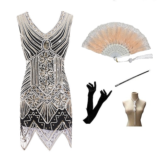 

Vintage Inspired The Great Gatsby Party Costume JSK / Jumper Skirt Prom Dress Women's Sequins Costume Vintage Cosplay Party & Evening Party / Cocktail Sleeveless Short Length Dress Halloween / Gloves