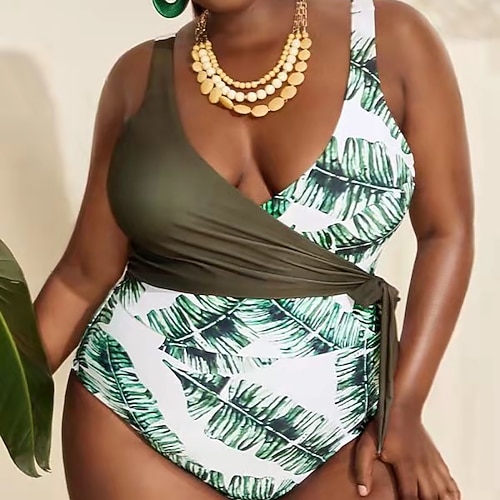 

Women's Swimwear One Piece Monokini Bathing Suits Plus Size Swimsuit Printing Leaf Green V Wire Bathing Suits New Vacation Fashion / Sexy / Modern / Padded Bras