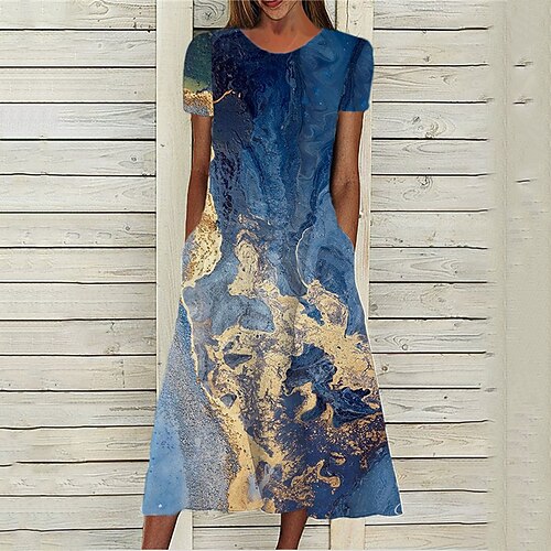 

Women's A Line Dress Midi Dress Blue Short Sleeve Color Gradient Pocket Print Spring Summer Round Neck Stylish Casual Modern 2022 S M L XL XXL 3XL