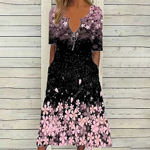 

Women's Casual Dress Swing Dress Midi Dress Purple Pink Yellow Short Sleeve Floral Ruched Spring Summer V Neck Weekend Loose Fit 2022 S M L XL XXL