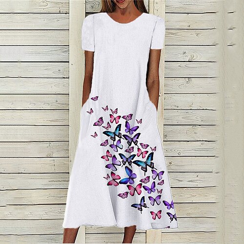 

Women's A Line Dress Midi Dress White Short Sleeve Butterfly Animal Pocket Print Spring Summer Round Neck Stylish Casual Modern 2022 S M L XL XXL 3XL