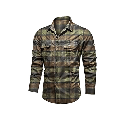 

Men's Shirt Plaid Turndown Street Casual Button-Down Long Sleeve Tops Casual Fashion Breathable Comfortable Dark Green