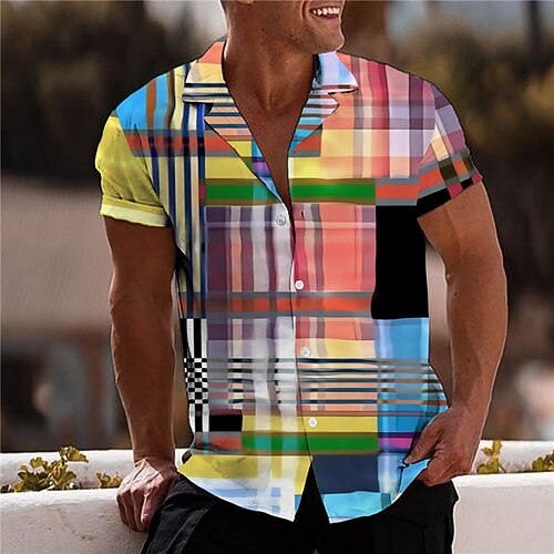 

Men's Shirt Print Plaid Turndown Street Casual Button-Down Print Short Sleeve Tops Casual Fashion Designer Breathable Rainbow / Spring / Summer