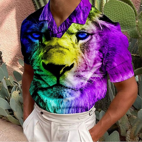 Mens Tops Fashion 3D Lion Animal Printed Casual Long Sleeve T