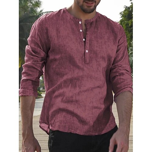 

Men's Shirt Solid Colored Round Neck Party Casual Button-Down Short Sleeve Tops Casual Vintage Streetwear Gray Red Beige