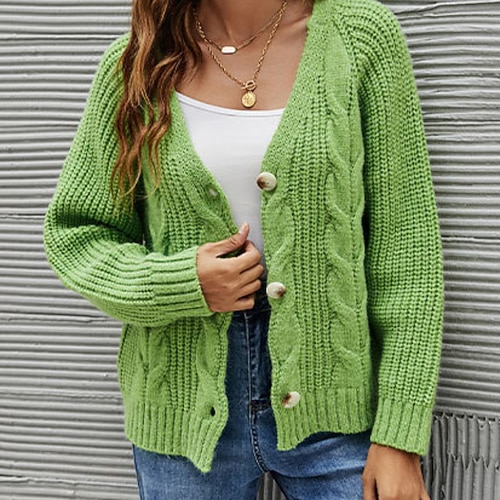 

Women's Cardigan Sweater Jumper Cable Crochet Knit Knitted Pure Color V Neck Stylish Casual Home Holiday Spring Summer Green Army Green S M L / Long Sleeve / Regular Fit / Going out