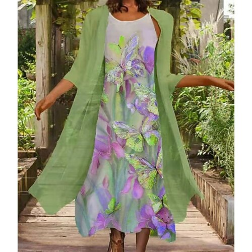 

Women's Dress Set Two Piece Dress Midi Dress Green Purple Short Sleeve Floral Print Spring Summer Crew Neck Weekend Loose Fit 2022 M L XL XXL 3XL