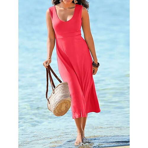 

Women's A Line Dress Midi Dress Red Sleeveless Solid Color Ruched Spring Summer U Neck Elegant Casual 2022 S M L XL XXL