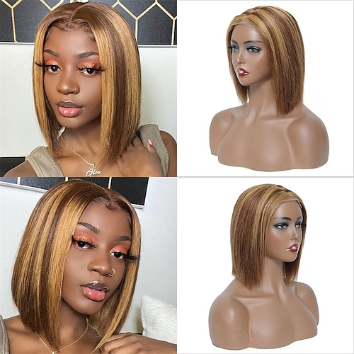 

Short Bob Wigs Human Hair 4X4X1 T-part Lace Front Wig Brazilian Straight Human Virgin Hair Middle Part Piano Color T4/30 color 8-14 Inch Bob Lace Wig 150% Density