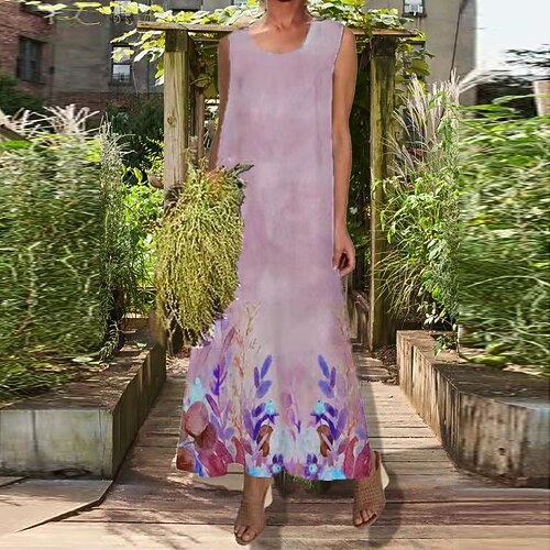 

Women's Shift Dress Maxi long Dress Green Pink Navy Blue Light Blue Sleeveless Floral Print Spring Summer Round Neck Elegant Casual Vacation 2022 S M L XL XXL