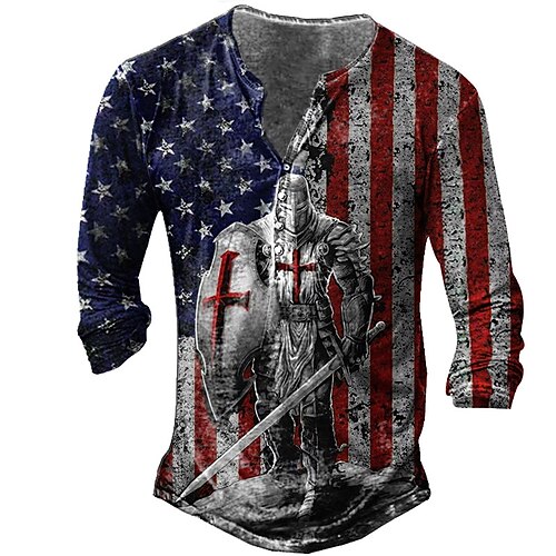 

Men's Henley Shirt T shirt 3D Print Graphic Soldier National Flag Henley Street Casual Button-Down Print Long Sleeve Tops Basic Fashion Classic Comfortable Red