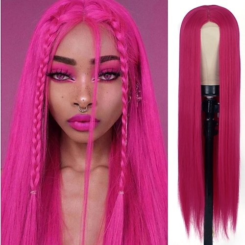 

Hot Pink Synthetic Lace Front Wigs Long Silk Straight Rose Red Wig with Middle Part Soft Pink With Natural Hairline High Temperature Fiber For Women Cosplay Daily Use