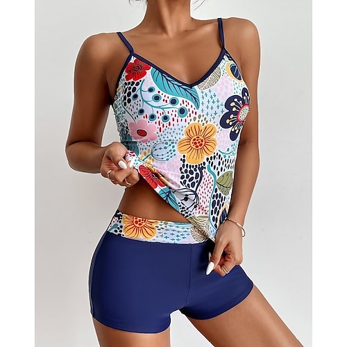 

Women's Swimwear Tankini 2 Piece Normal Swimsuit Water Sports Open Back string Print Floral Tropical Blue Camisole Padded V Wire Bathing Suits New Vacation Casual