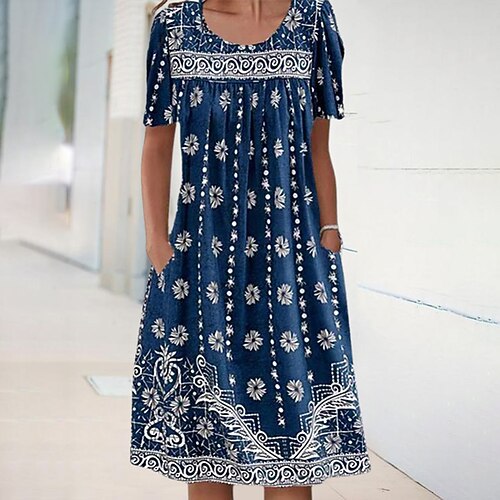 

Women's Casual Dress Knee Length Dress Dark Blue Short Sleeve Floral Pocket Print Spring Summer Round Neck Casual 2022 S M L XL XXL 3XL