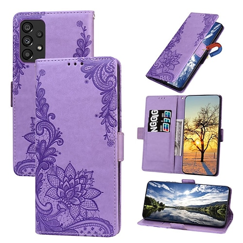 

telefono Custodia Per Samsung Galaxy Porta carte di credito S23 S22 S21 S20 Plus Ultra A32 con cinturino da polso Slot per porta carte Flip magnetico Tinta unita Fiore decorativo pelle sintetica