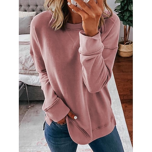 

Women's Hoodie Sweatshirt Pullover Basic Gray Pink Khaki Solid Color Plain Oversized Daily Round Neck S M L XL XXL 3XL