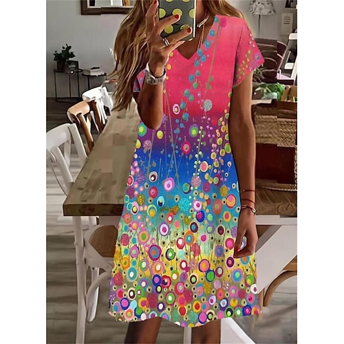 

Mulheres Vestido casual Vestido de turno Arco-íris Manga Curta Imprimir Primavera Verão Decote V Ajuste Largo 2022 S M L XL XXL 3XL