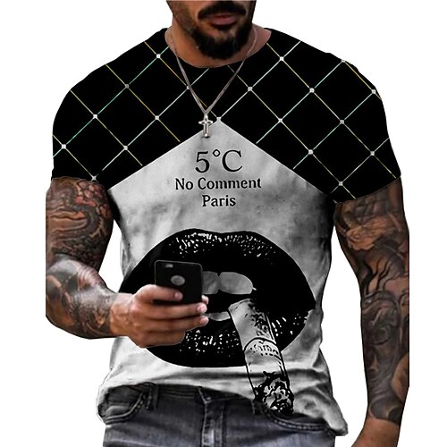 

Men's Unisex T shirt 3D Print Graphic Prints Tartan Mouth Crew Neck Street Daily Print Short Sleeve Tops Casual Designer Big and Tall Sports Black
