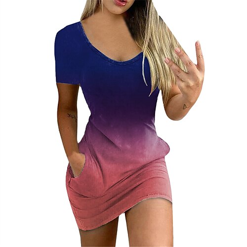 

Women's Sheath Dress Short Mini Dress Blue Gray Wine Short Sleeve Color Gradient Pocket Spring Summer Round Neck Casual 2022 S M L XL XXL