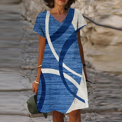 

Mulheres Vestido casual Vestido de turno Azul Vermelho Cinzento Manga Curta Geométrica Imprimir Primavera Verão Decote V Ajuste Largo 2022 S M L XL XXL 3XL